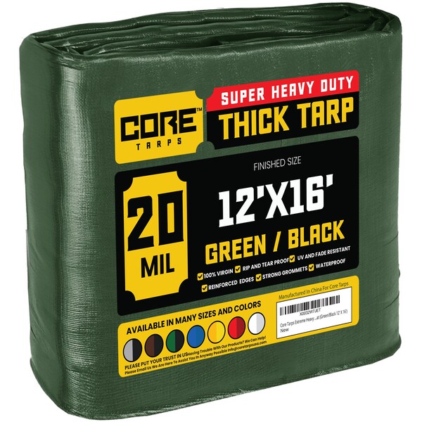 Core Tarps Heavy Duty Tarp, 16 ft L x 0.5 mm H x 12 ft W, 20 Mil, Green/Black, Polyethylene CT-703-12X16 - main